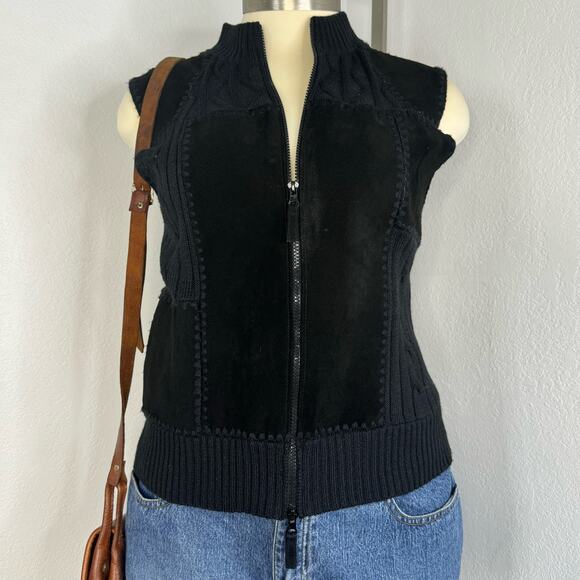 Vintage Suede Knit Patchwork Zip Vest Black - Picture 1 of 7